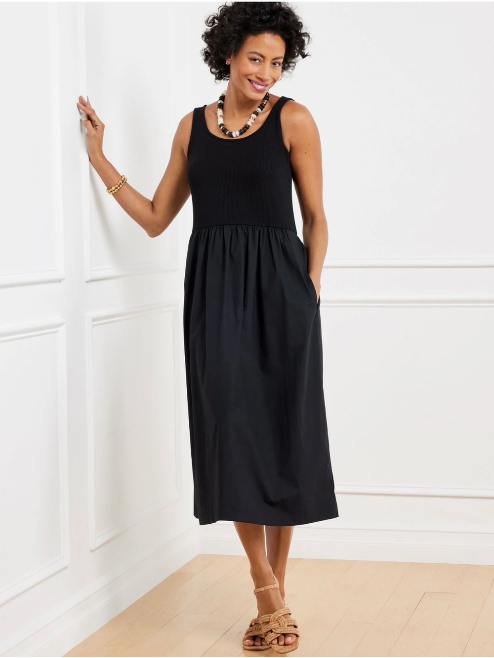 Talbots Black Mixed Media Sleeveless Ribbed Knit Poplin Midi Dress Plus 2X